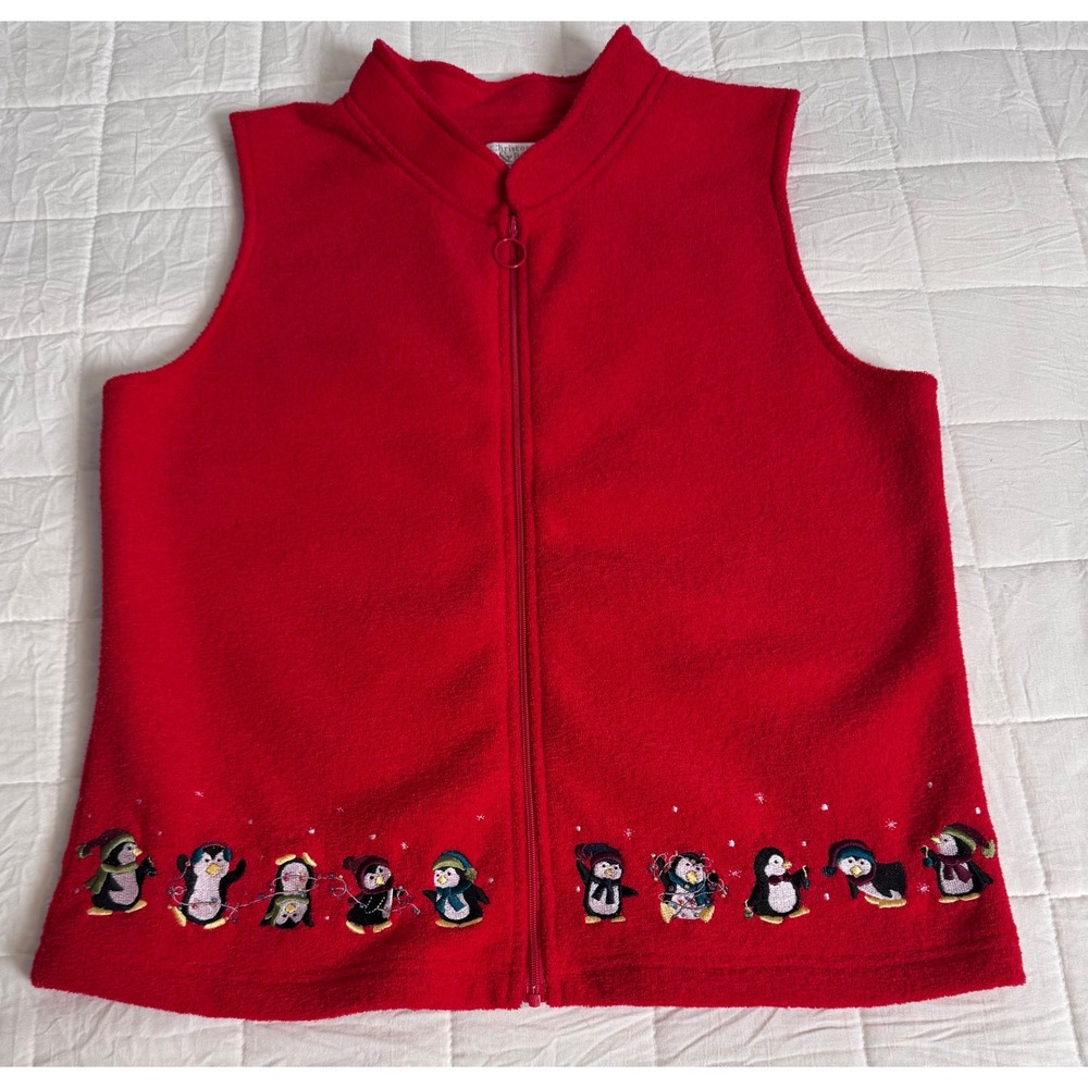 Christopher Banks Red Fleece Penguin Holiday Vest Womens‎ Size S Christmas